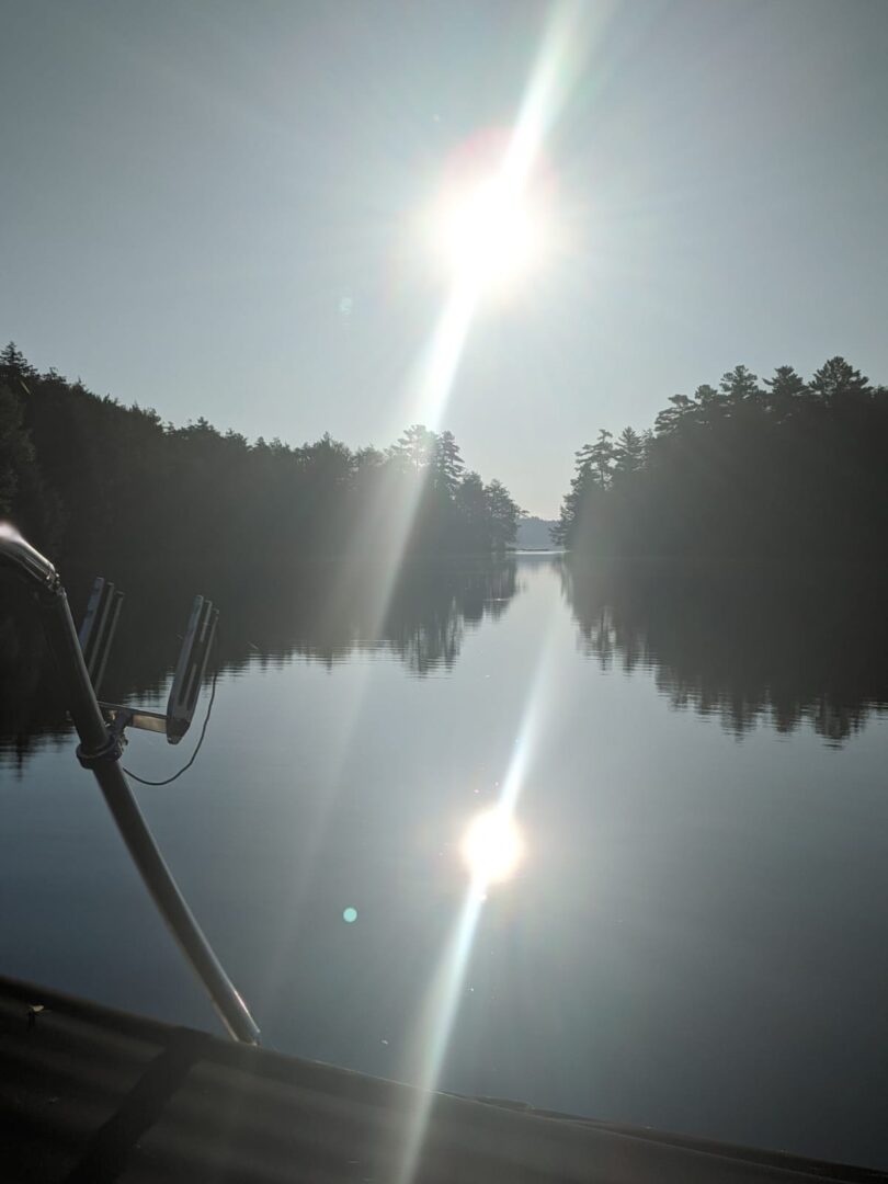 A boat is traveling on the water near some trees.